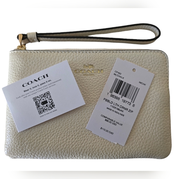 ✨ COACH PEBBLE LEATHER CORNER ZIP WRISTLET IM/CHALK NWT - Picture 3 of 5